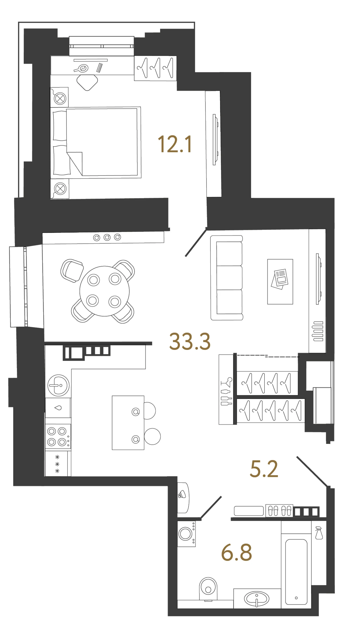 Планировка 1-комнатная 57,4 м² в ЖК «Светоч» · Светоч