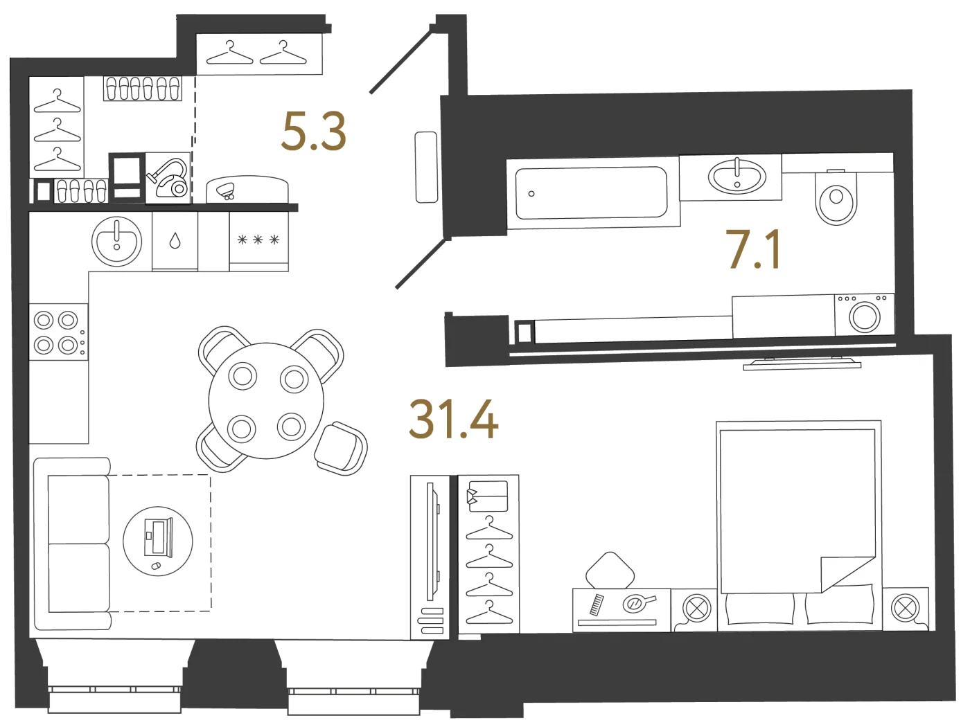 Планировка студия 43,8 м² в ЖК «Светоч» · Светоч