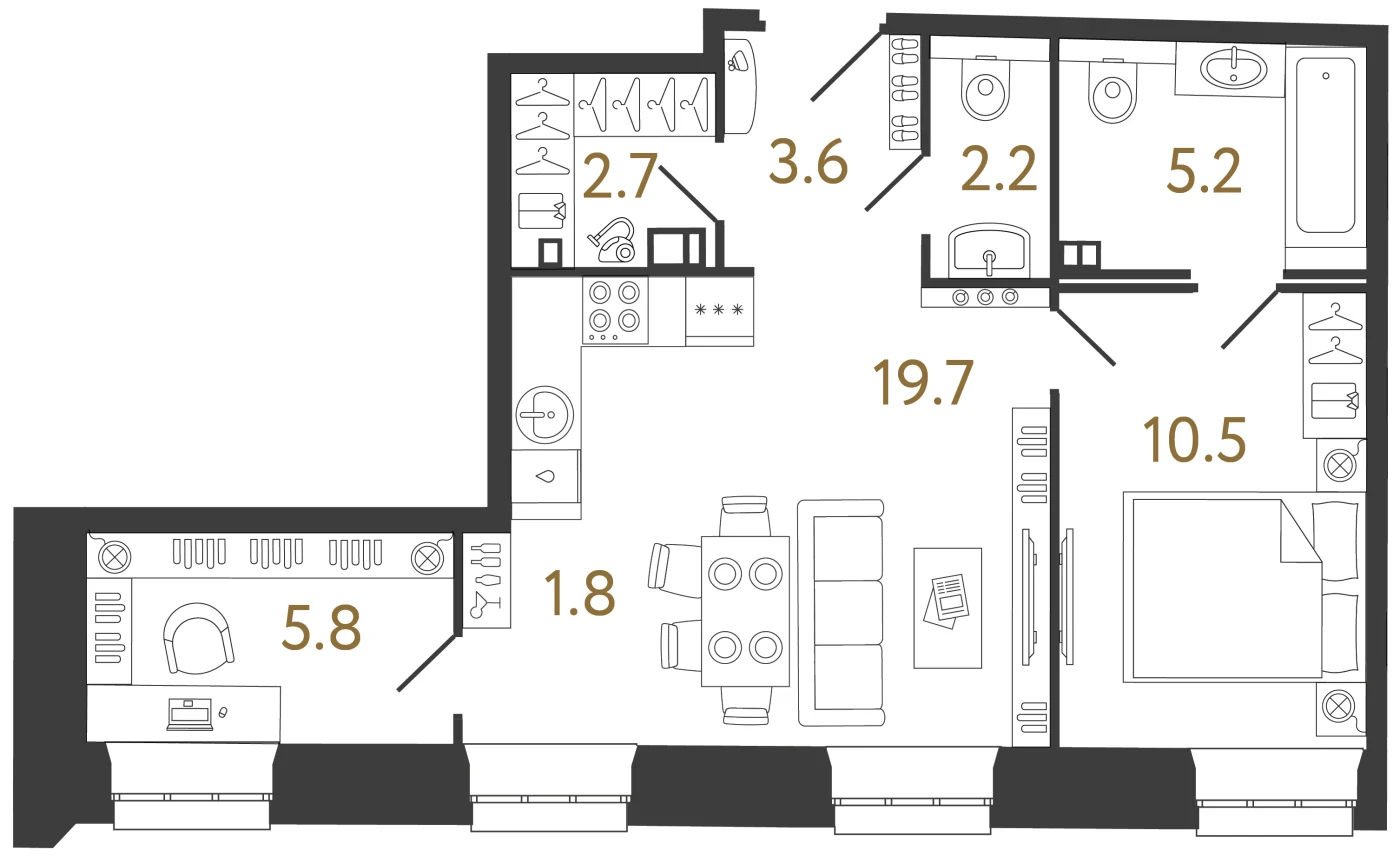 Планировка 2-комнатная 49,7 м² в ЖК «Светоч» · Светоч