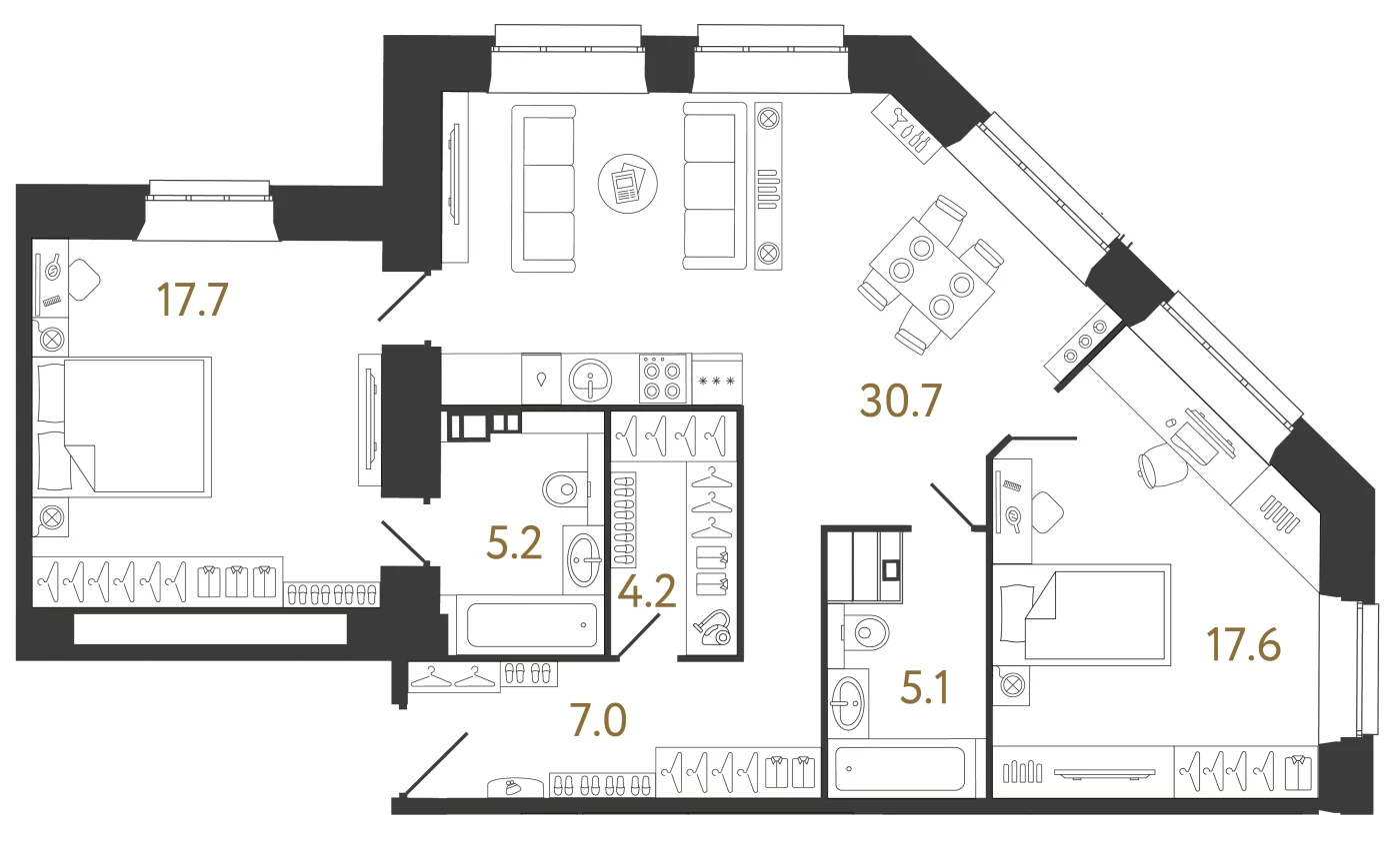Планировка 2-комнатная 87,5 м² в ЖК «Светоч» · Светоч