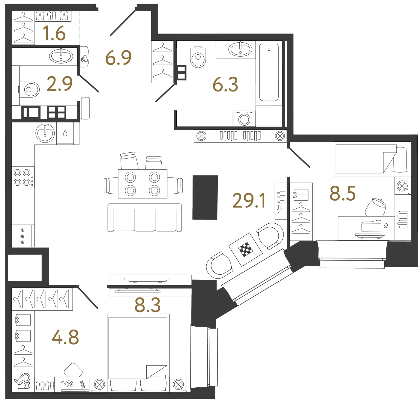 Планировка 2-комнатная 68,4 м² в ЖК «Светоч» · Светоч