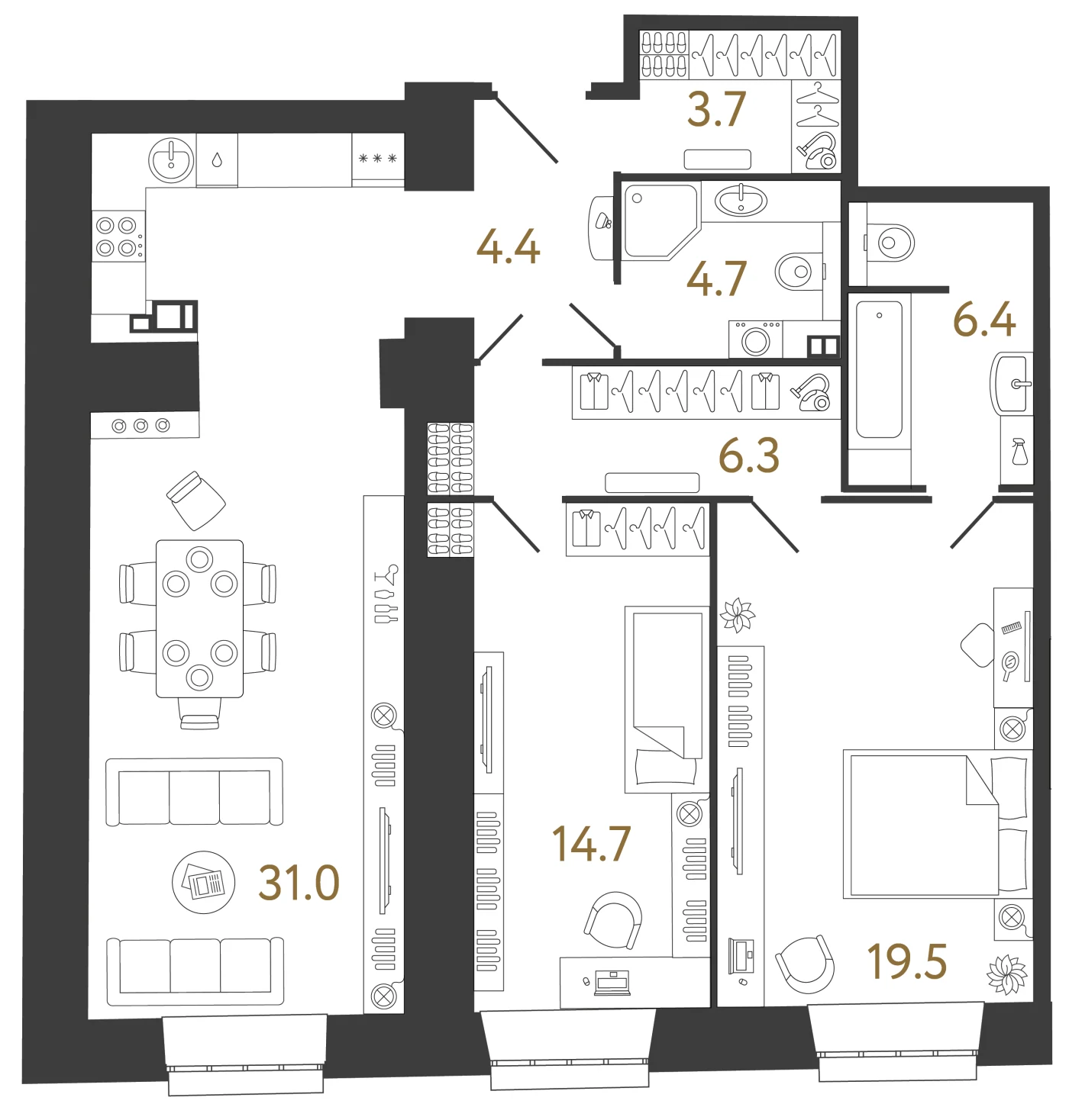 Планировка 2-комнатная 90,7 м² в ЖК «Светоч» · Светоч