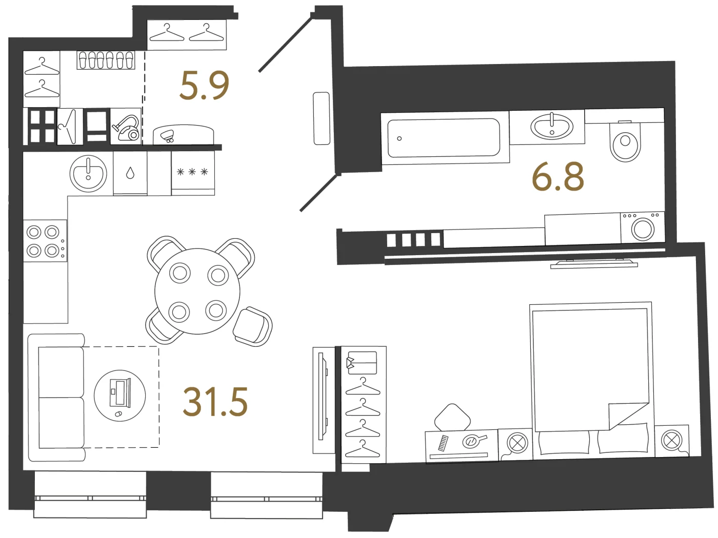 Планировка студия 44,2 м² в ЖК «Светоч» · Светоч