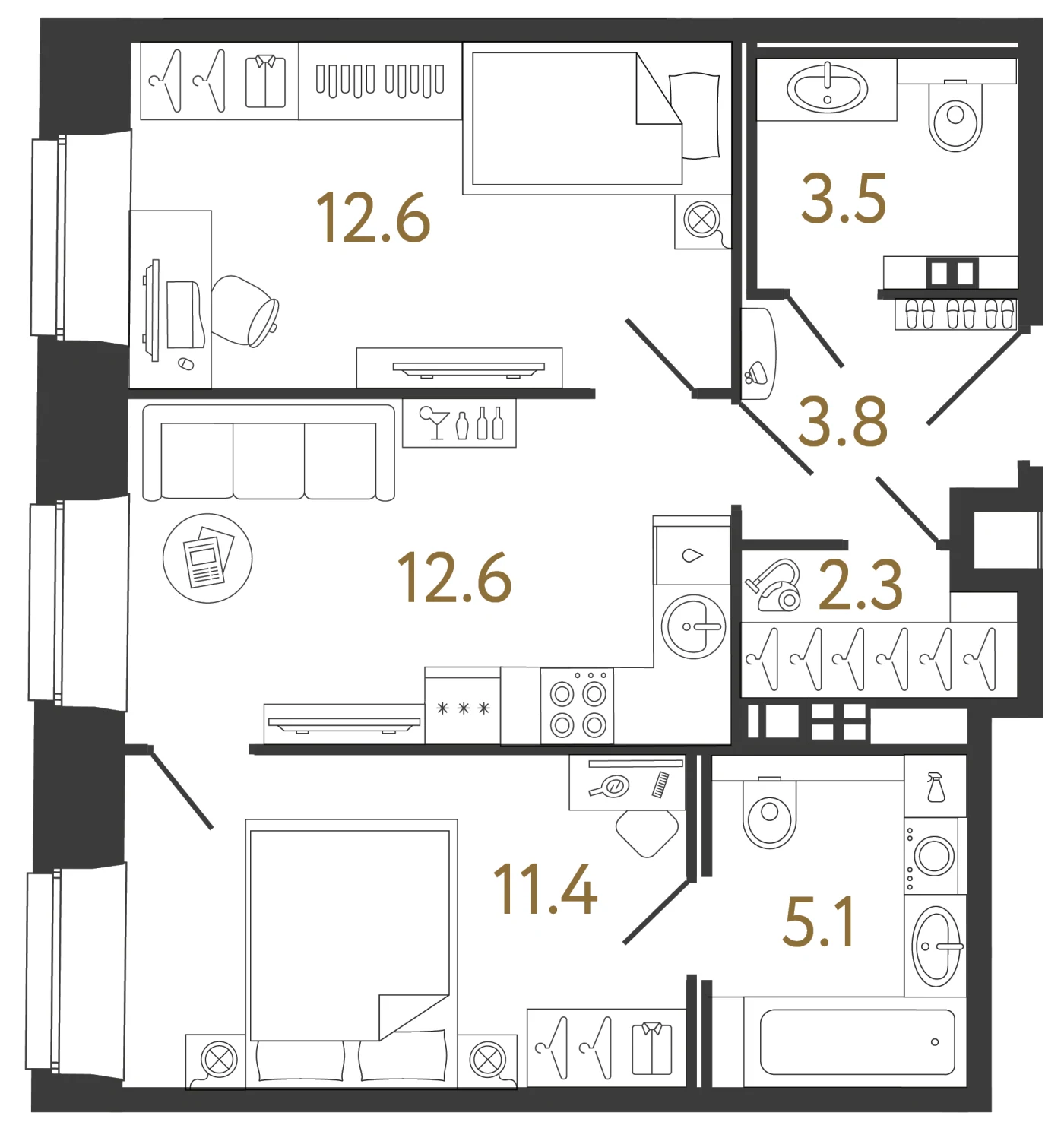Планировка 2-комнатная 51,3 м² в ЖК «Светоч» · Светоч