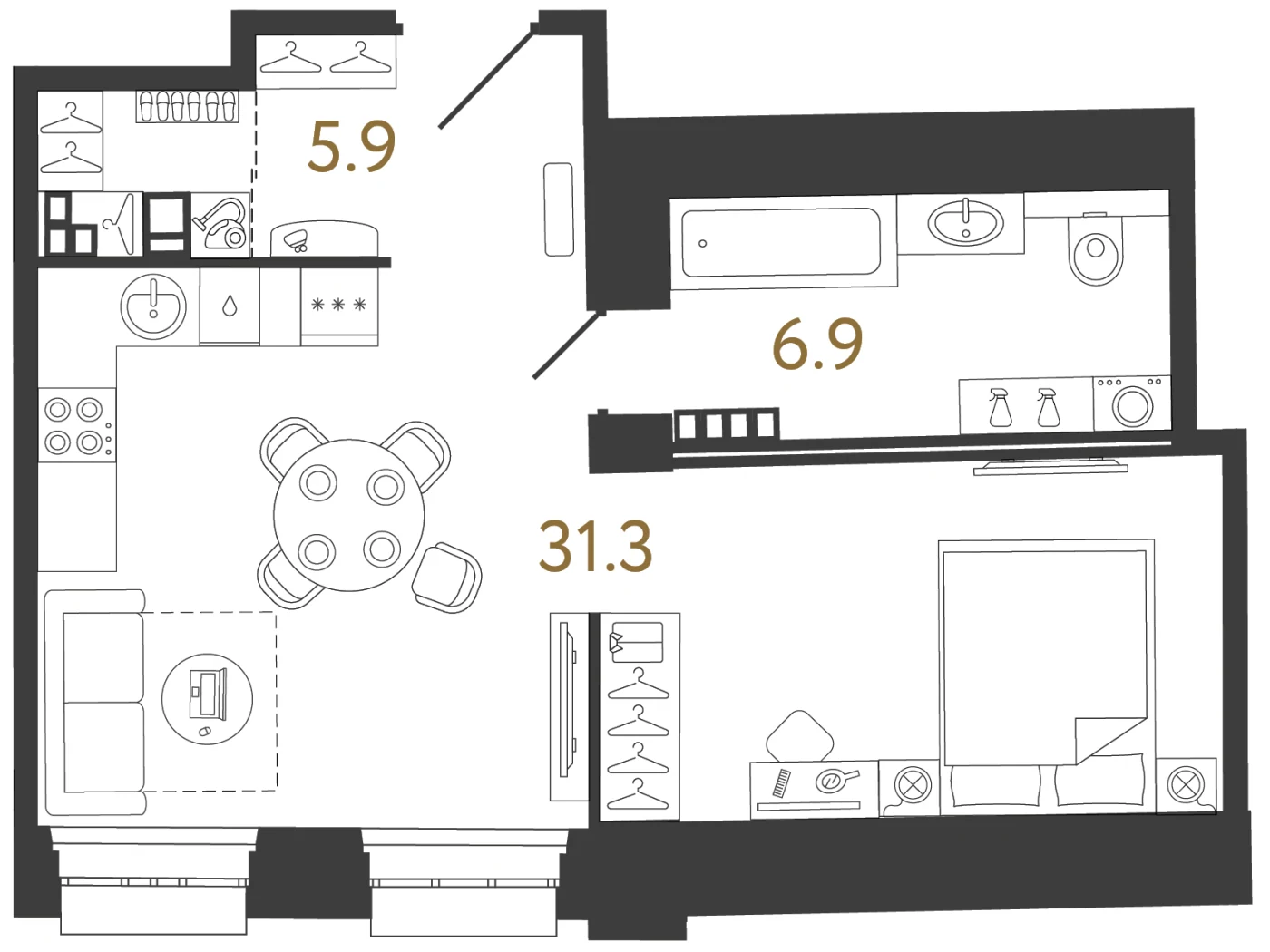 Планировка студия 44,1 м² в ЖК «Светоч» · Светоч
